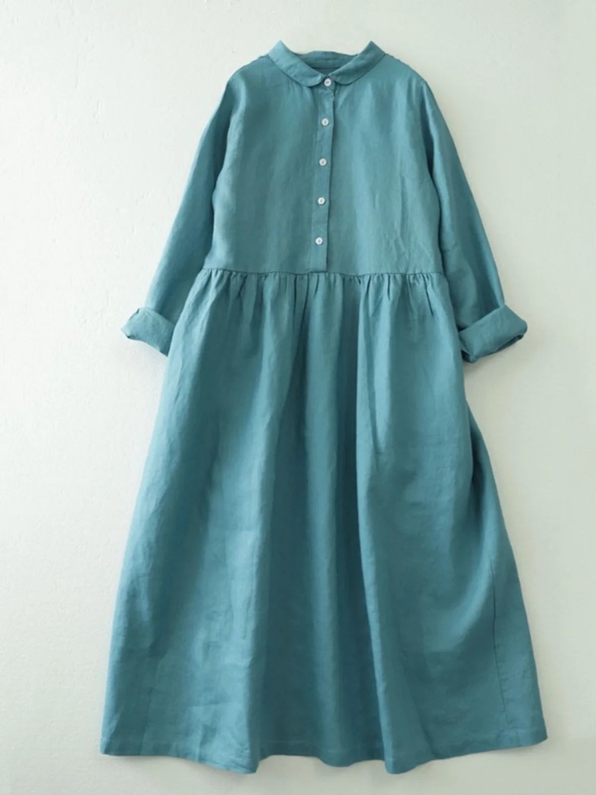 Cotton Linen Long Sleeve Dress Doll Collar Tailored Button Women's Fashionable Autumn Spring A-Line Shirt Dress  Collar