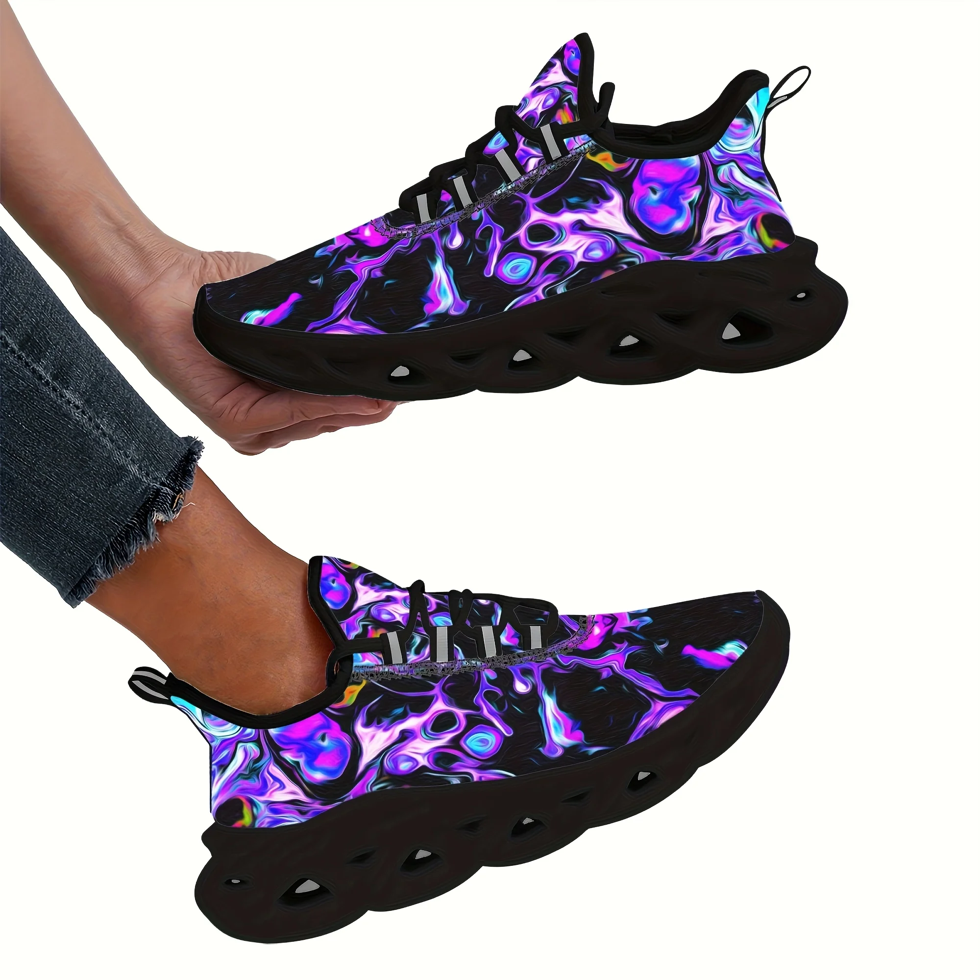 Custom Men' & Women' Psychedelic Purple & Black Ripple Sneakers/Ankle Boots - Low-Top/High-Top Lace-Up Breathable Shoes Suitable