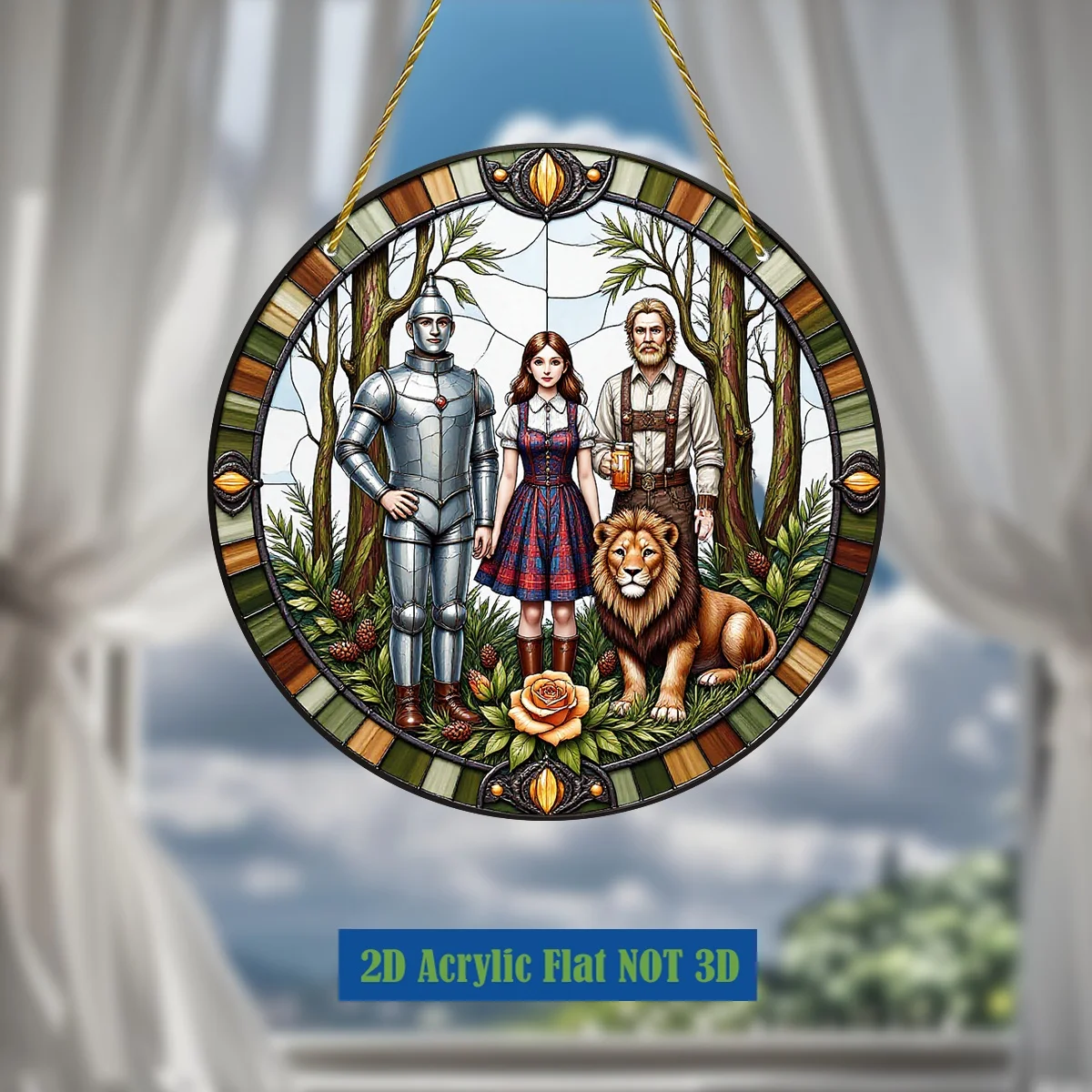 2D Flach – 1 Stück „Der Zauberer von Oz“ Dorothy, Vogelscheuche und Löwe im Buntglas-Stil aus Acryl |   Rundes Fenster-Hängedekoration, leuchtende Farben