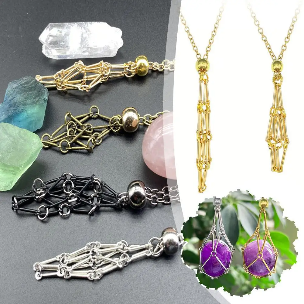 Stainless Steel Design Crystal Cage Necklace Holder Women Men Net Metal Chain Stone Collecting Holder Adjustable Pendant Jewelry