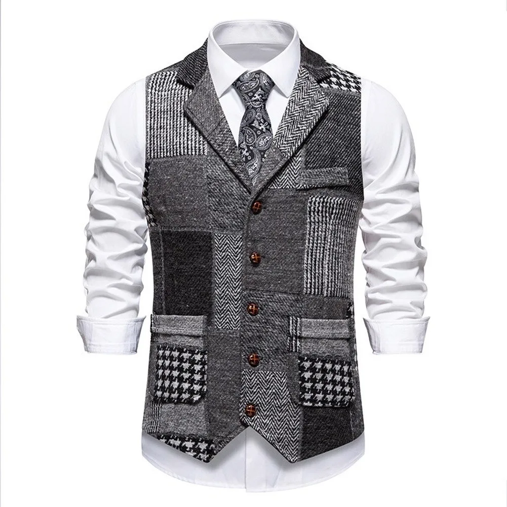 Men's Fashionable Sleeveless Waistcoat Tweed Plaid Fabric Lapel Collar Herringbone Vest for Daily and Evening Wear