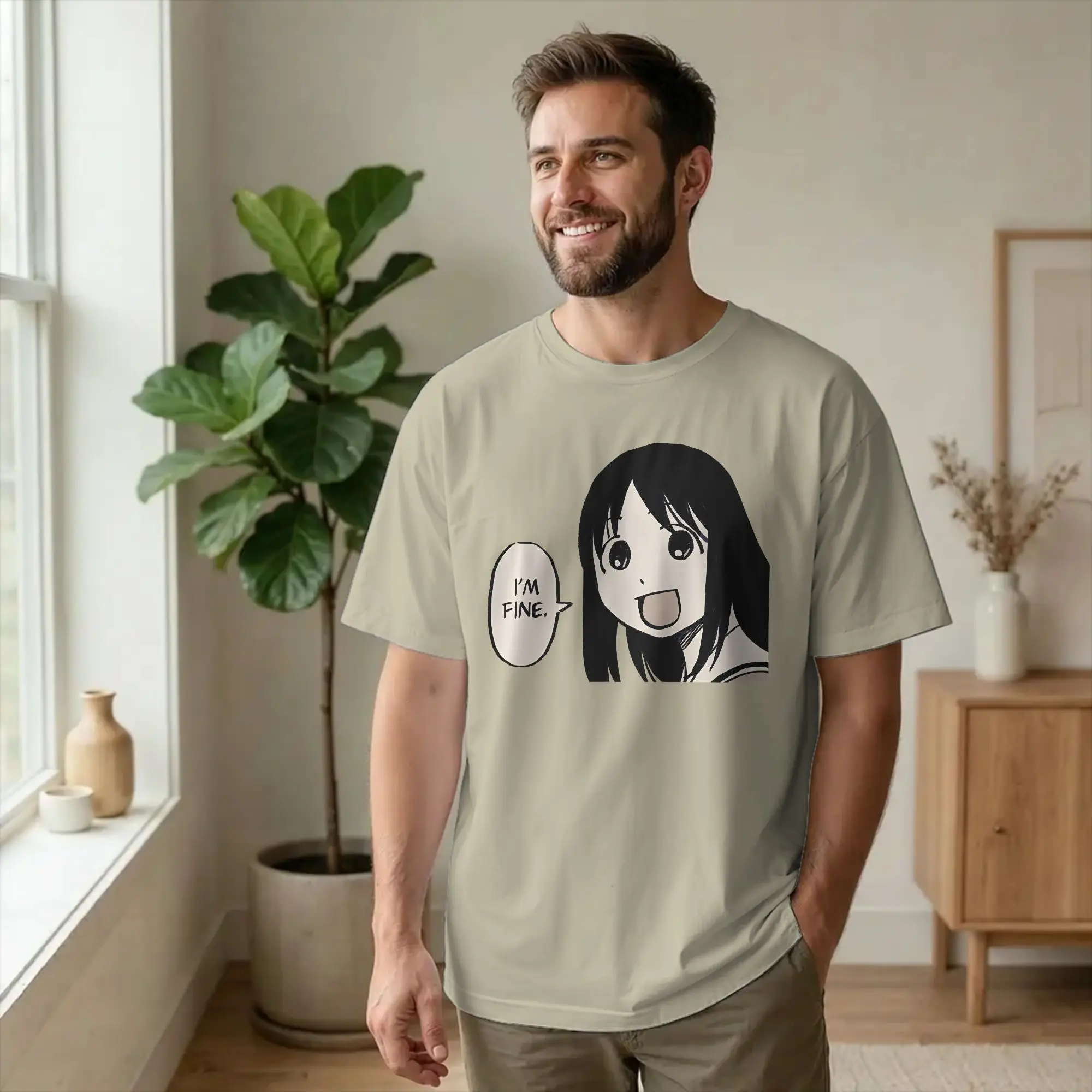 i'm fine  azumanga daioh  T Shirts  Pure Cotton Clothing Vintage Short Sleeve Crewneck Tee Shirt Graphic Printed T-Shirt