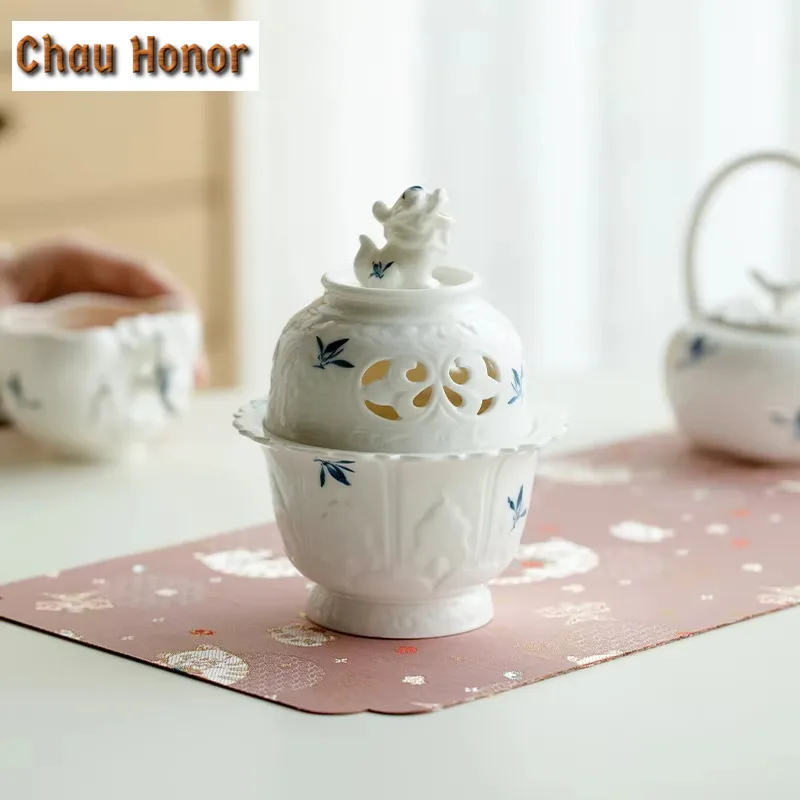 Hand-painted Butterfly Orchid Ceramic Fragrance Stove Chinese Censer Burner Holder Zen Incense Plate Sandalwood Teaware Ornament