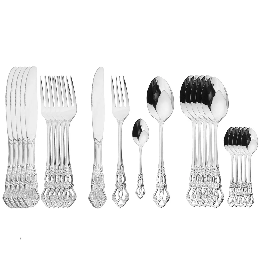 

24Pcs Silver Dinnerware Set Vintage Knife Fork Teaspoon Tableware Stainless Steel Coffee Spoon Western Cutlery Kitchen Flatware