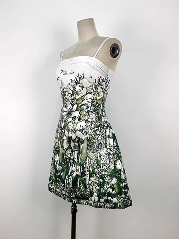 LISM Modisches Damen-Druckkleid, Brustumhüllung, rückenfrei, grüne Blume, Taille, Rückzug, kurze, elegante Partykleider, 2024, Neu