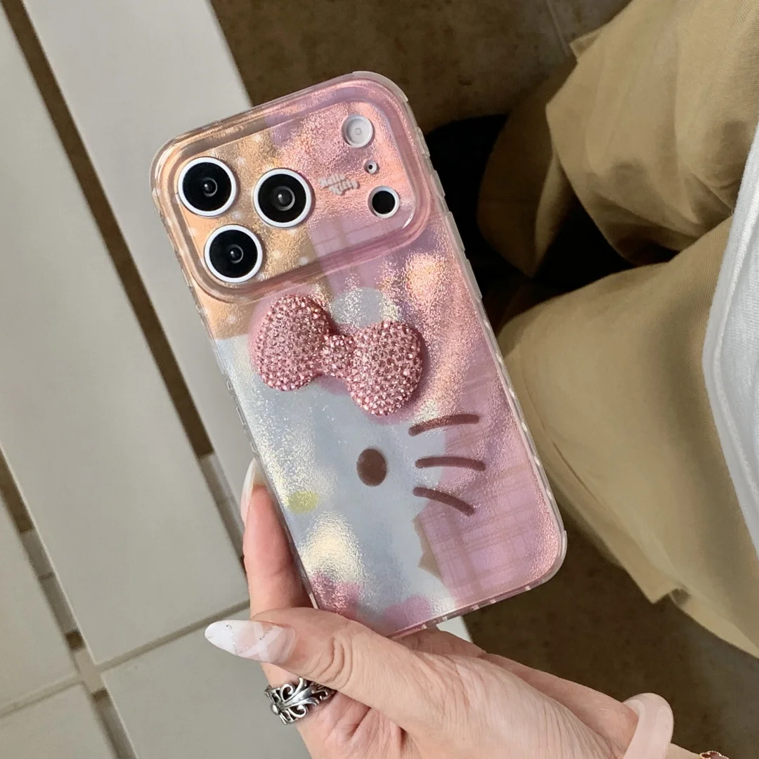 

Japanese Cute Cartoon kitten Diamond Bowknot stand Phone Case For iPhone 17 16 15 14 13 Pro Max 14 15 Plus Laser Back Cover