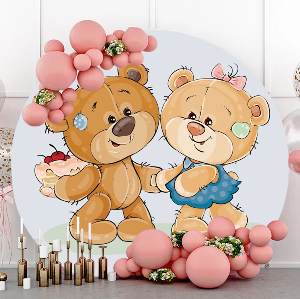 

Laeacco Cute Teddy Bear Girl Birthday Party Circle Background Kids Baby Shower Newborn Portrait Customized Photography Backdrop