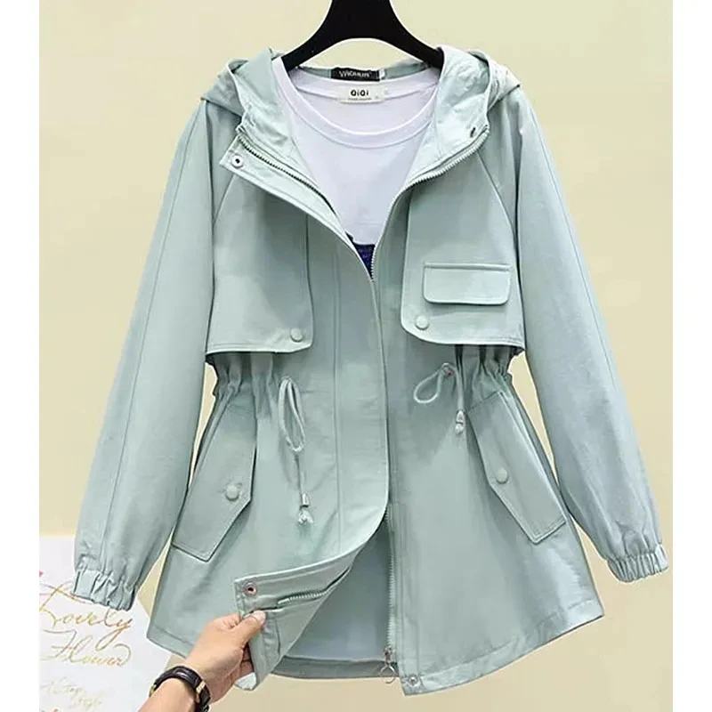 

Outerwears Women's Trench Coat Fashion Loose Hooded Mid To Long Casual Windproof Jacket Adjustable Waist Overcoat Female Coats