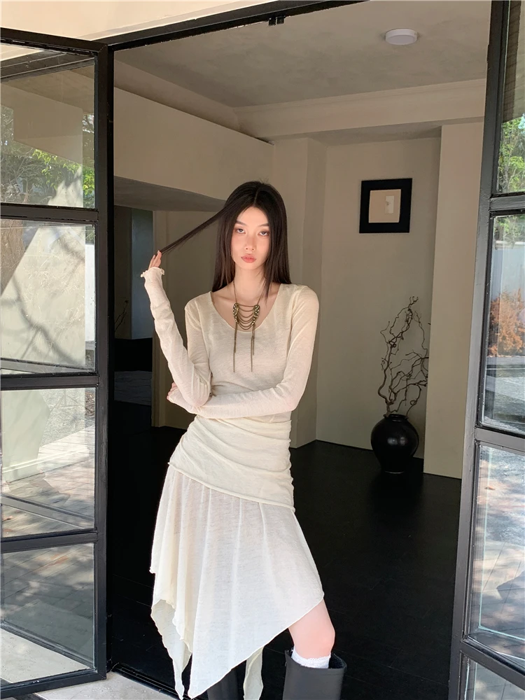 CHEERART Autumn Beige Long Sleeve Knitted Dresses Designer Knee Length Asymmetrical Dress Fashion Fall Clothes 2024 Women