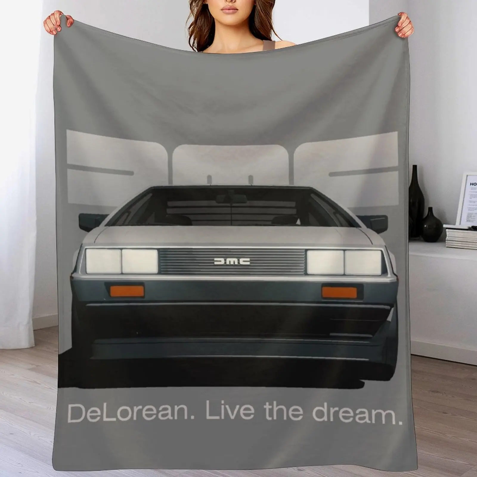 

DeLorean DMC-12 cartoon retro style car front view with slogan Throw Blanket