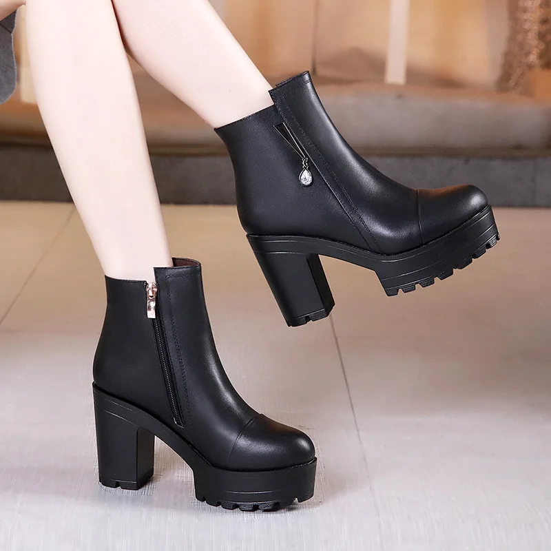 High quality short ankle leather boots for women 10cm high heel platform new 2024 autumn winter 32 33 elegant shoe black grey