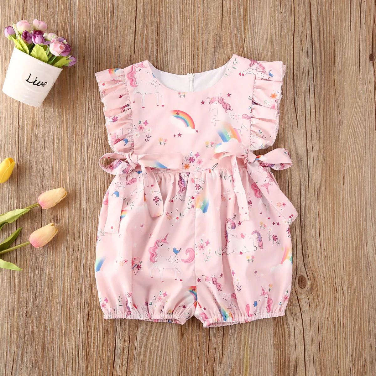 Toddler Baby Girls Ruffle Romper Infant Newborn Baby Cartoon Print Jumpsuit Summer Flower Baby Girls Clothes Baby Costumes