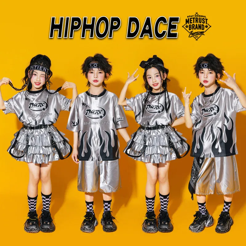 Hip Hop Boys Shiny T-shirt Street Dance Pants Silver Shorts Girls K-pop Skirts Costume Kids Jazz Clothes Set Children Streetwear