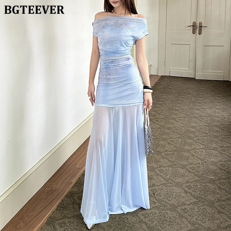 

BGTEEVER Summer Slash Neck Mesh Blue A-line Dress Women Slim Waist Female Floor-Length Dress