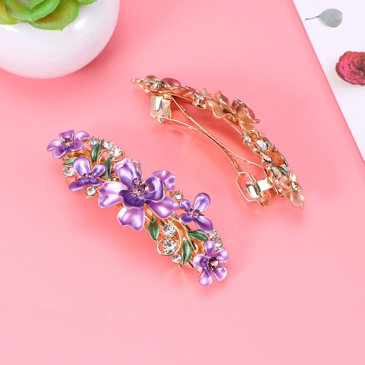 4Pcs Rhinestone Plum Clips Flower Shape Metal Decorative Barrettes for Women Blue Pink Purple Coffee