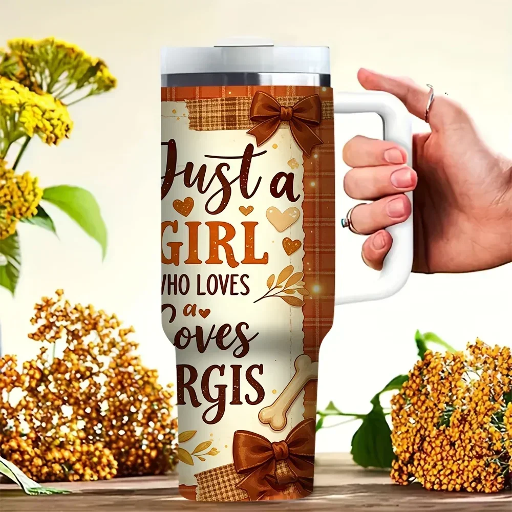 40Oz Tumbler with Handle, Lovely Corgi Themed Print Cup Suitable for Both Hot And Cold Drinks, Perfect for Corgi-Loving Girls for Daily Use And Outdoor Activities