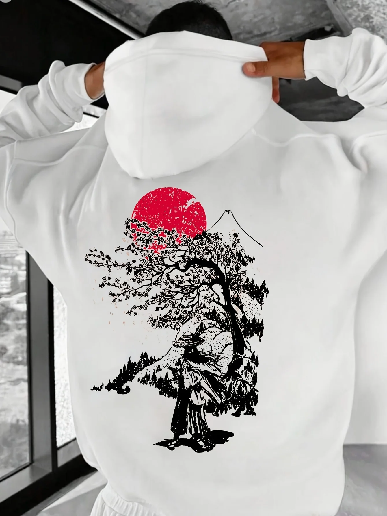 Chinese-style retro men's loose-fitting hooded shirt with forest warrior and cherry blossom pattern print, casual hooded shirt