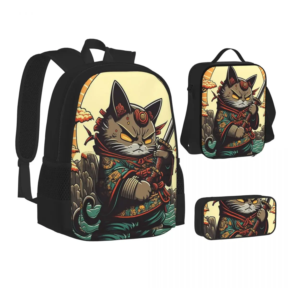 

Cats Anime Samurai Sword Backpacks Boys Girls Bookbag Children School Bags Kids Rucksack Lunch Bag Pen Bag Three-Piece Set