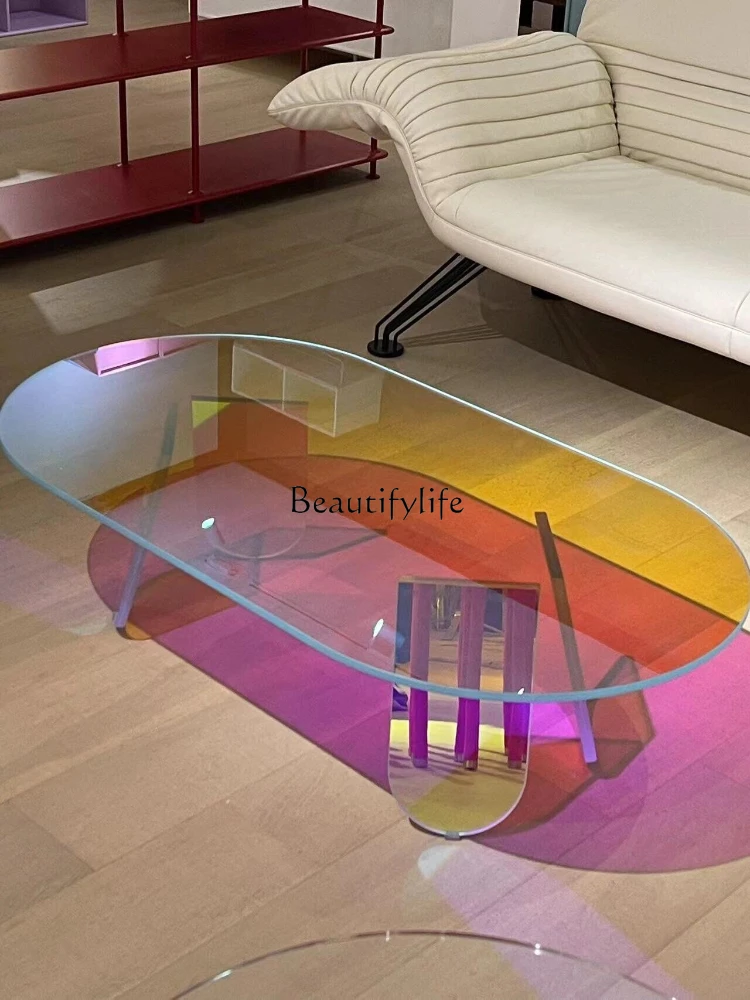 Glass Coffee Table Living Room Rainbow Shimmer Side Table Creative and Slightly Luxury Modern Minimalist High Sense