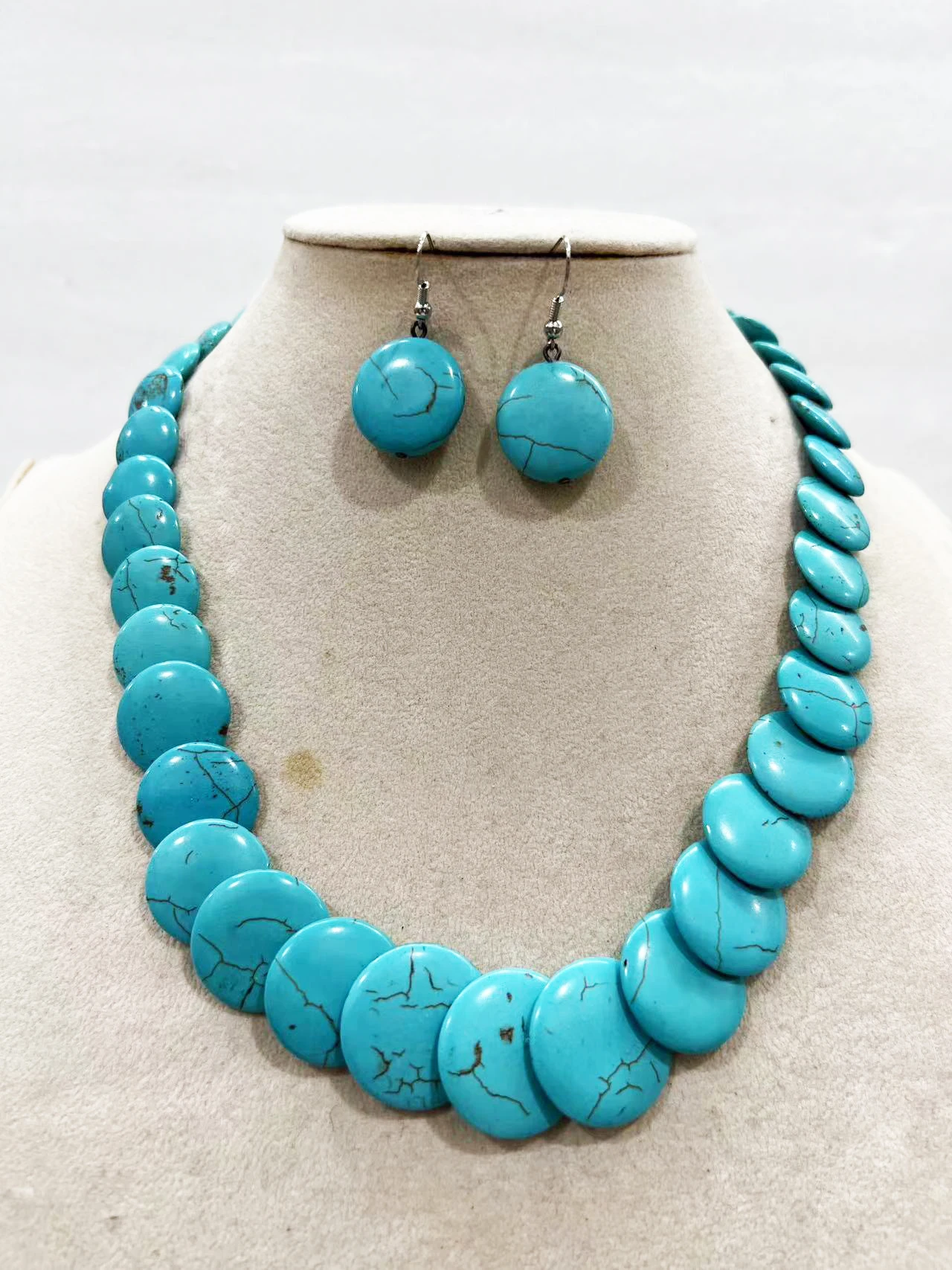 

Natural Blue Beads Flat Round Necklace Earrings Sets Girls Christmas Gifts Jewelry Set Turquoise Choker Bohemian Accessories