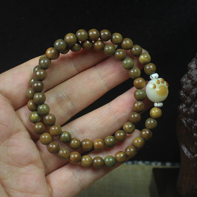 

Браслет из зеленого сандалового дерева с легким ароматом, 6 мм, с двойным кругом, лотосом и бусинами в форме кошачьей лапки, для женщин, декоративный, в стиле Хань