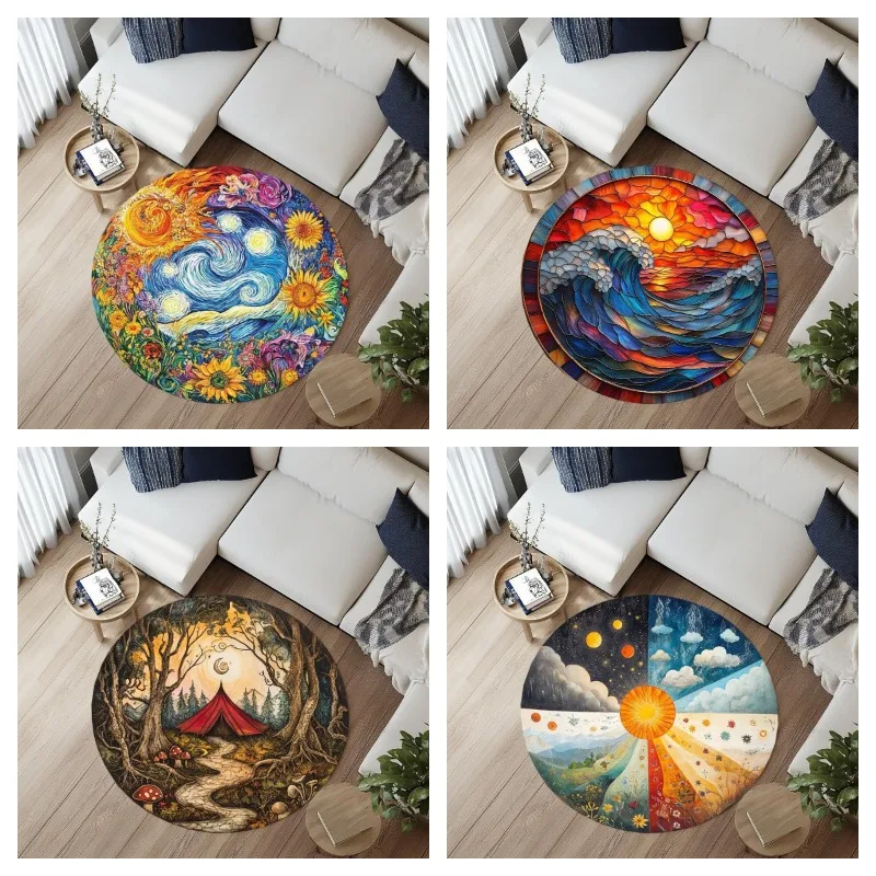 Van Gogh Sunflower with Round Rug Modern Rural Natural Landscape Living Room Sofa Carpet Bedroom Rocking Chair Nonslip Round Rug