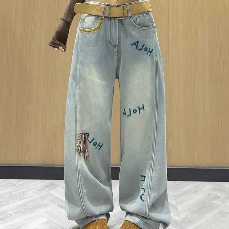 American Letter Design Straight-Leg Jeans Women Early Spring New Three-Dimensional Decoration High-Waisted Loose Wide-Leg Pants