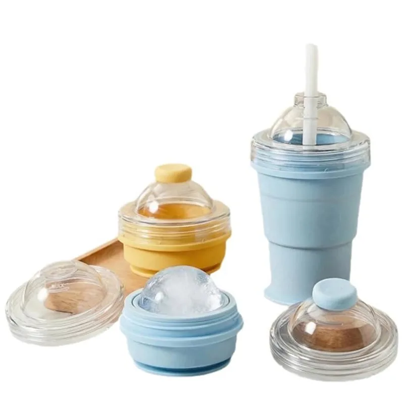 2-in-1 Foldable Ice Ball Cup with Straw, Food-Grade Silicone Leakproof Collapsible Tumbler,Smoothies, Travel, Summer Drinks