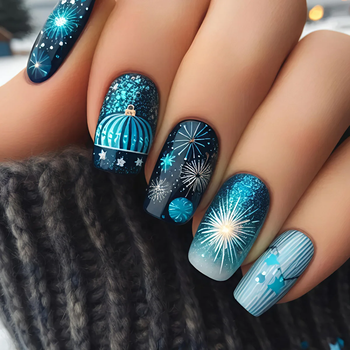 Mittellange künstliche Nägel für Weihnachten. Schwarze, rote, blaue Nagelspitzen, weiße Schneeflocken, Feuerwerk. Quadratische Mandelspitzen zum Aufdrücken künstlicher Nägel