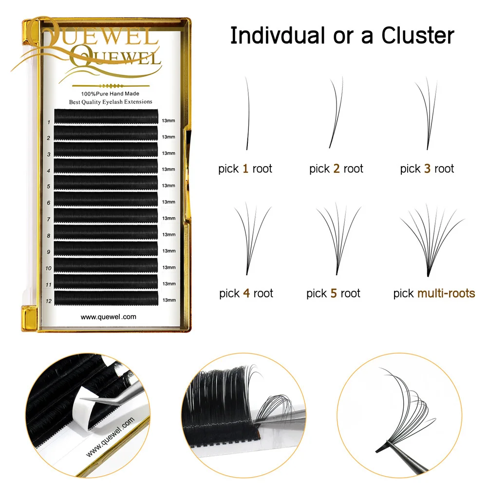 Quewel Austomatic Flowering Eyelash Extension 0.07mm Easy Fan Eyelashes Blooming Volume Fanning Lashes C/D Gold Box Silk Lash