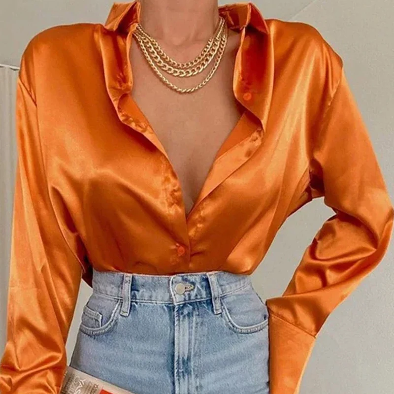 Casual Tops Fashion Vintage Orange Blous Blusas Mujer Elegant Satin Long Sleeve Women Blouses Solid Silk Shirt Women 22717