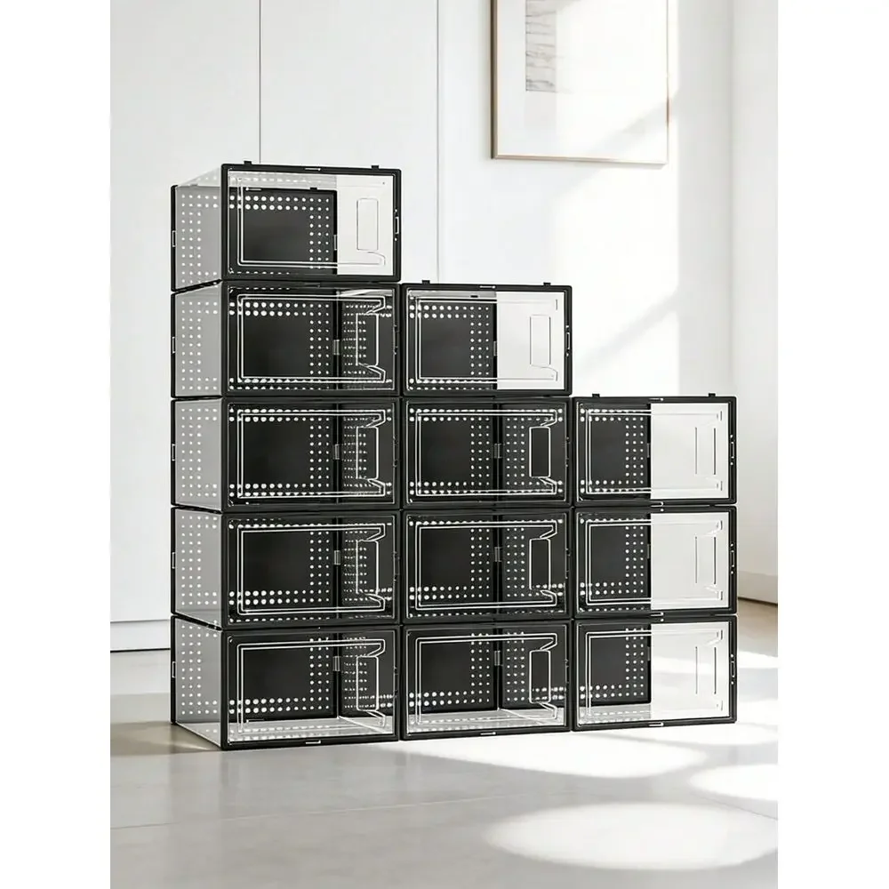Pack Large Shoe Storage Organizer For Closet, Modular Space Saving Shoe Boxes Clear Plastic Stackable Containers Display Case B