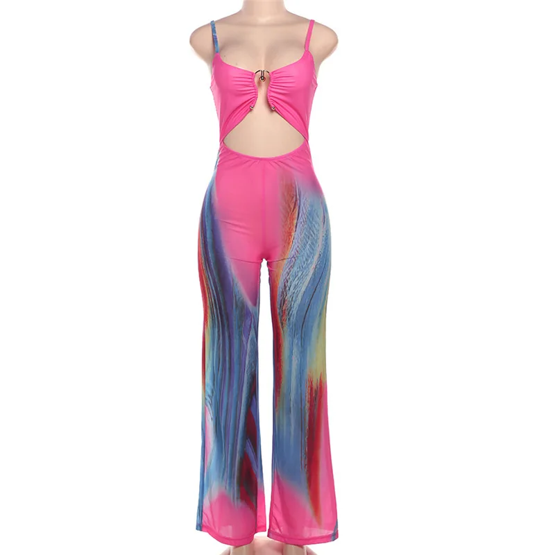 Summer Sexy Bodyscon Printed Suspender High Waist Backless Wide Leg Pants Jumpsuit Women 2024 One Piece Long Rompers Clothes