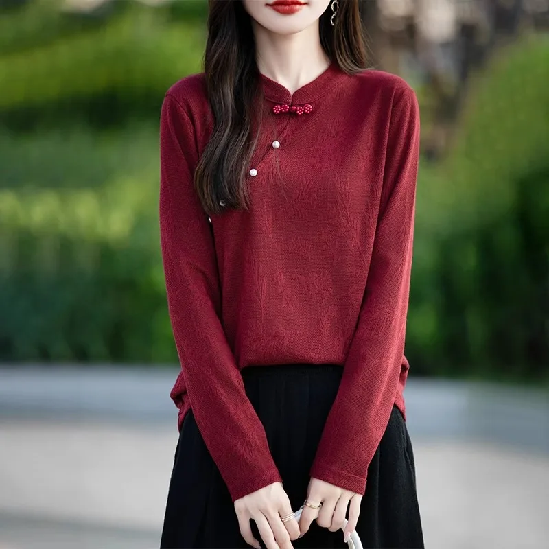 Autumn Winter New Sle Chinese National Sle Button Sweater Women's New Chinese Sle QiPao Collar Embroidered Knitted Base...