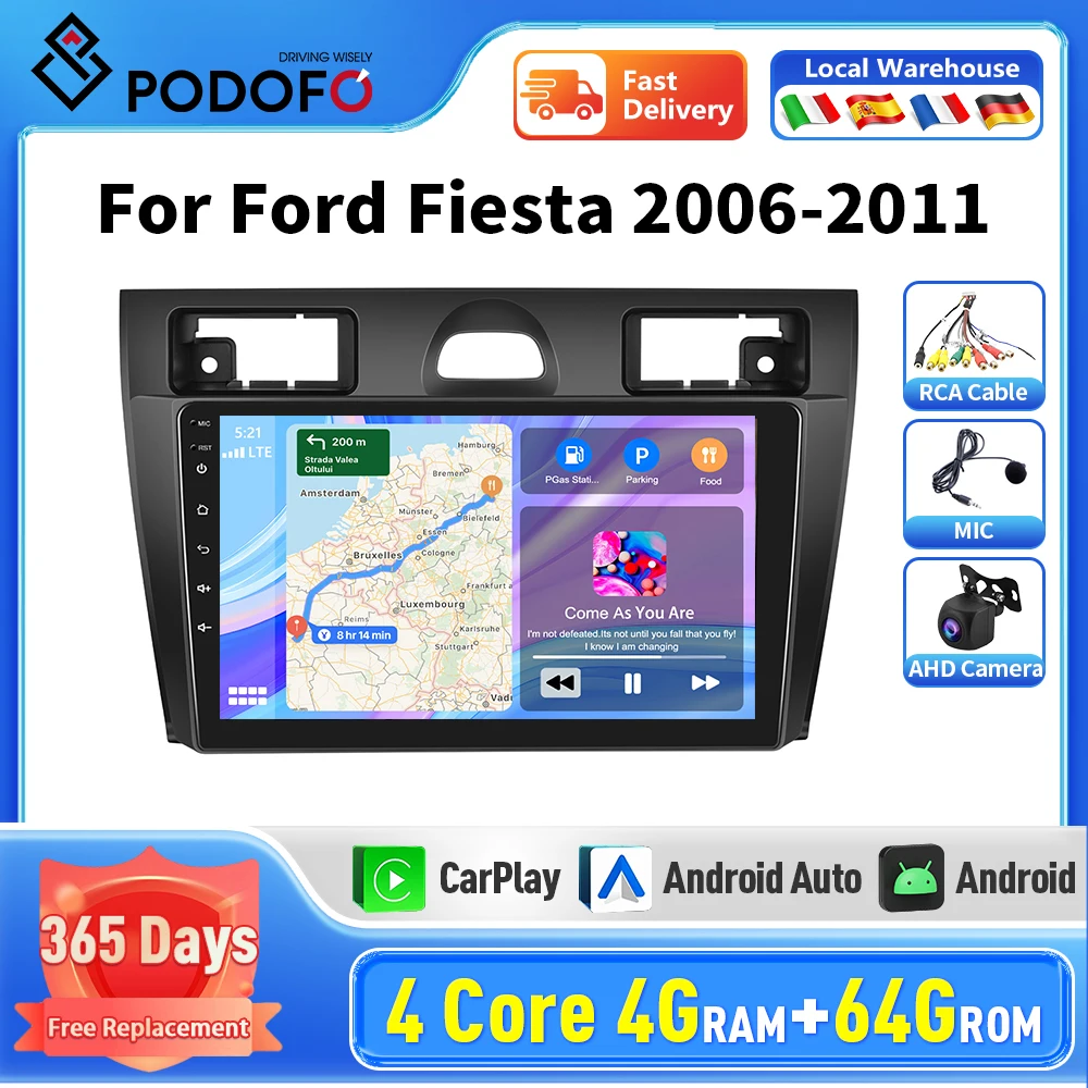 Podofo Android Car Radio For Ford Fiesta Mk VI 5 Mk5 2002-2008 Multimedia GPS Navigation Player Stereo Carplay Androidauto