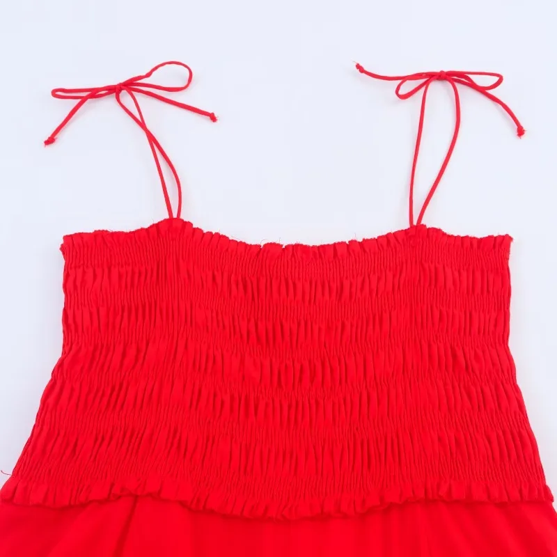 Abito longuette rosso con fionda casual Abiti lunghi senza maniche solidi alla moda per le donne Abiti da donna stile vacanza elastico Nuova estate