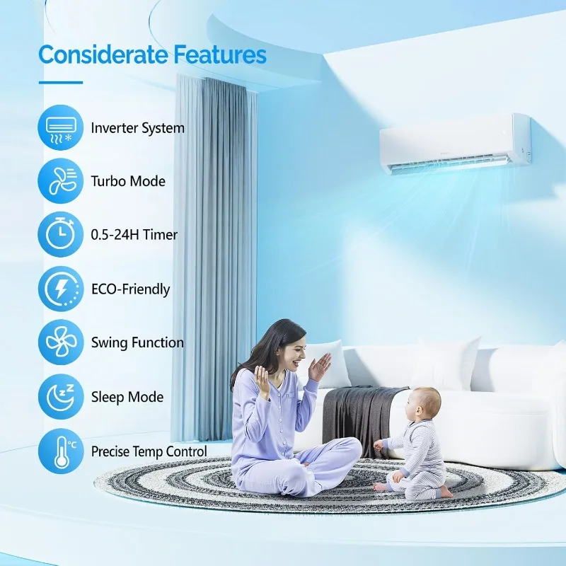 9000 BTU Mini Split Heating System with Inverter Energy Saving Ductless Split-System Air Conditioner with Pre-Charged Condenser