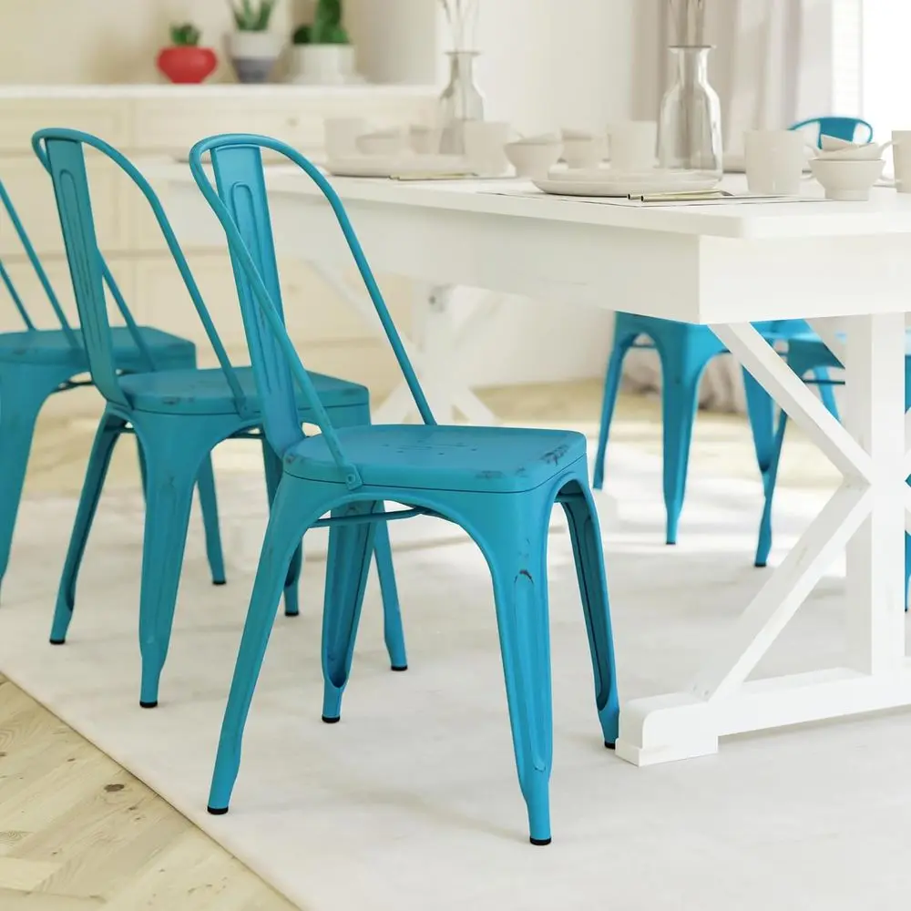EMMA + OLIVER Commercial Grade Distred Blue Metal Indoor-Outdoor Stackable Chair