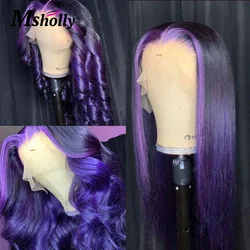 Destaque a peruca dianteira do cabelo humano do laço roxo, HD transparente, onda do corpo, cabelo brasileiro colorido para mulheres negras, 13x4