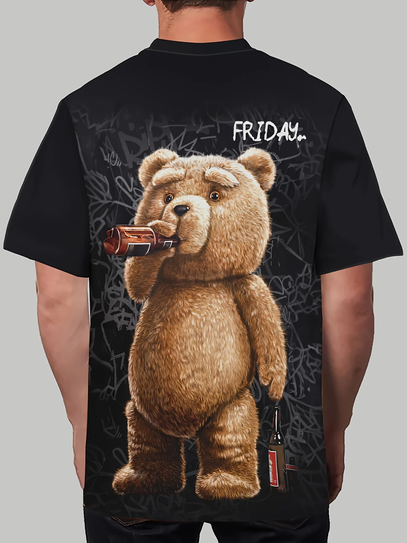 Men'S Funny Cartoon Bear Print T-Shirt,100% Polyester Knit Fabric,Casual Crew Neck Tee with Slight Stretch,Regular Fit - Black - Image 2