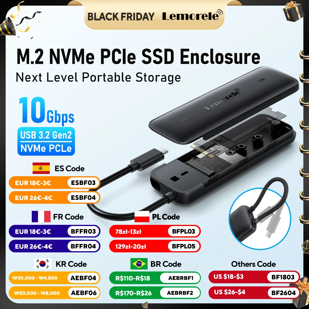

Lemorele SD5 10Gbps USB C NVMe M.2 SSD Enclosure 4TB Portable External Hard Drive Case with Built-in Cable USB 3.2 Gen2