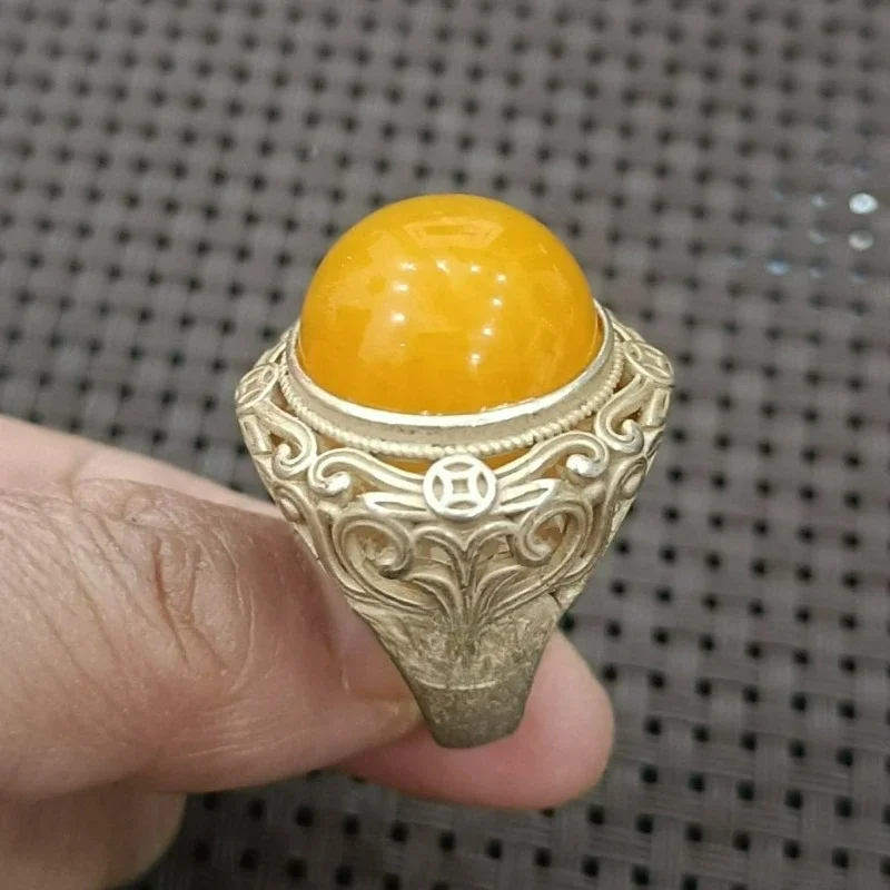 Vintage Collectible Thumb Ring, White Copper Silver Plated Inlaid Amber Gem, Hand Carved Unisex Retro Statement Jewelry