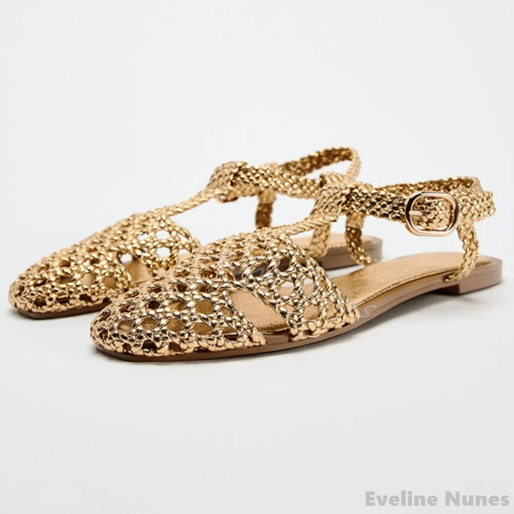 

All-match Hand-woven Sandals Women Gold Hollow One Word Belt Round Toe Flat Casual Sandals 2025 Summer Beach Vacation Sandals