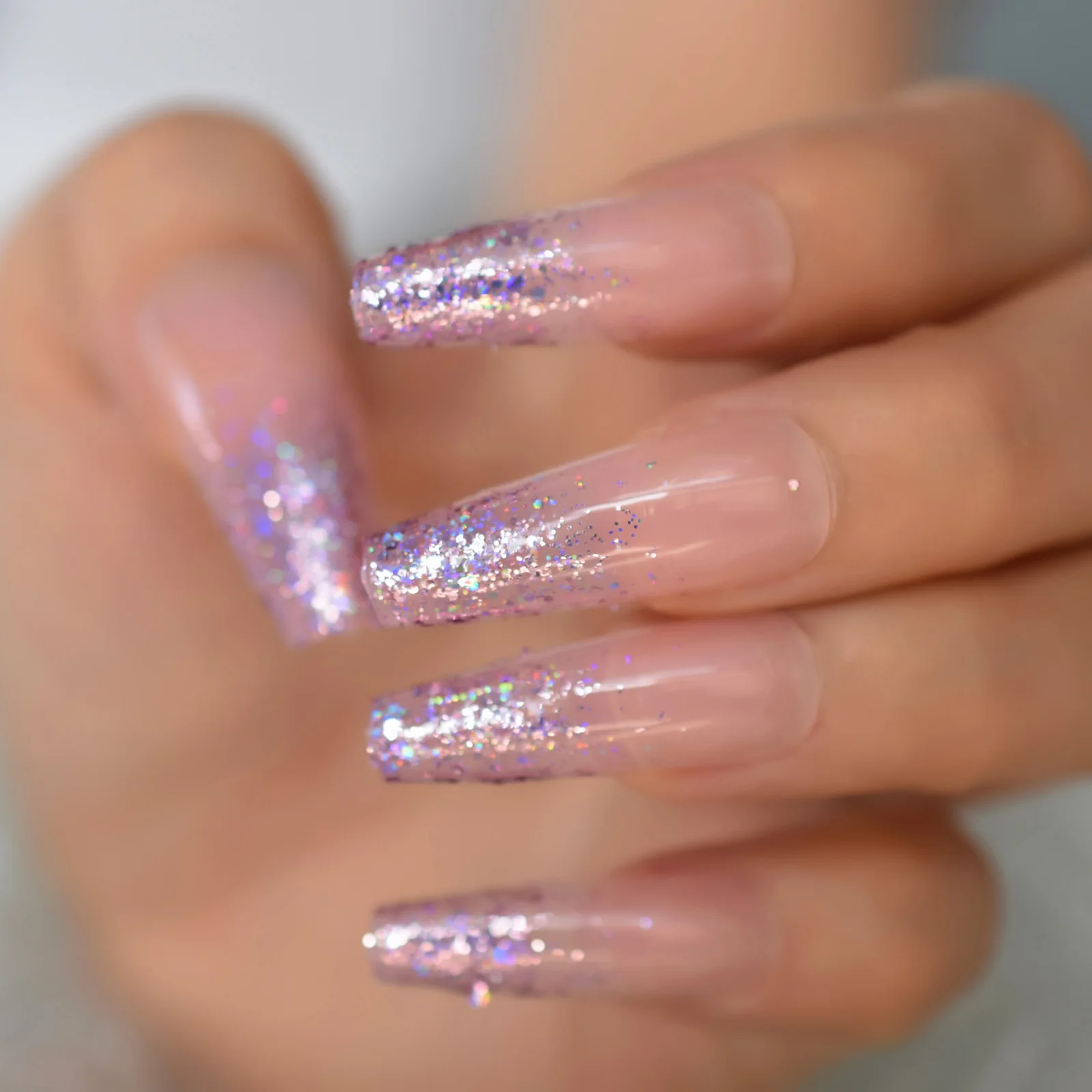 Punte per unghie a bara extra lunghe Premere su glitter acrilici Top Nail Pink Glitter Lucido Fresca manicure di lusso a casa da indossare ogni giorno