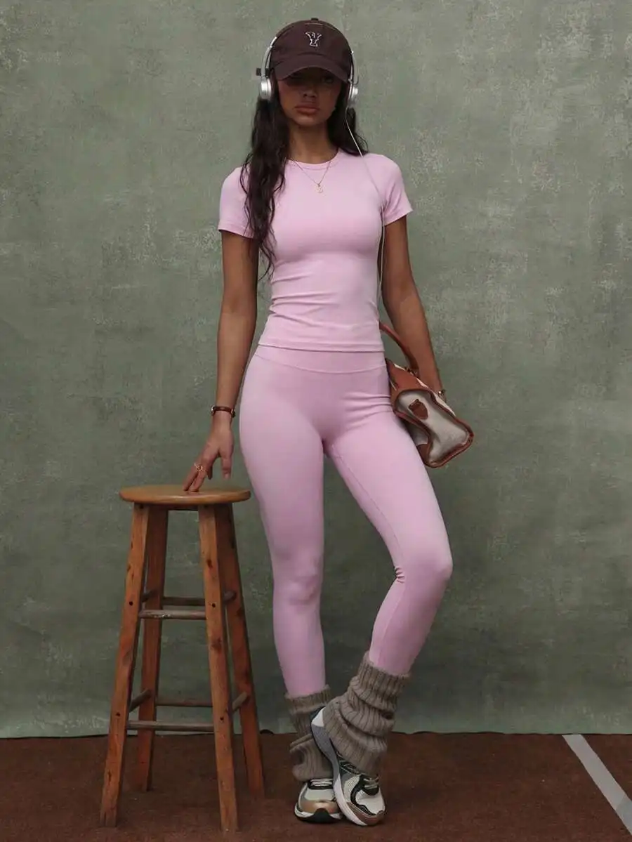

Women Solid Color Seamless Stretchy Short Sleeve Long Pants Activewear Set Butt Lifting Slim Fit Soft Casual Fitness Yoga