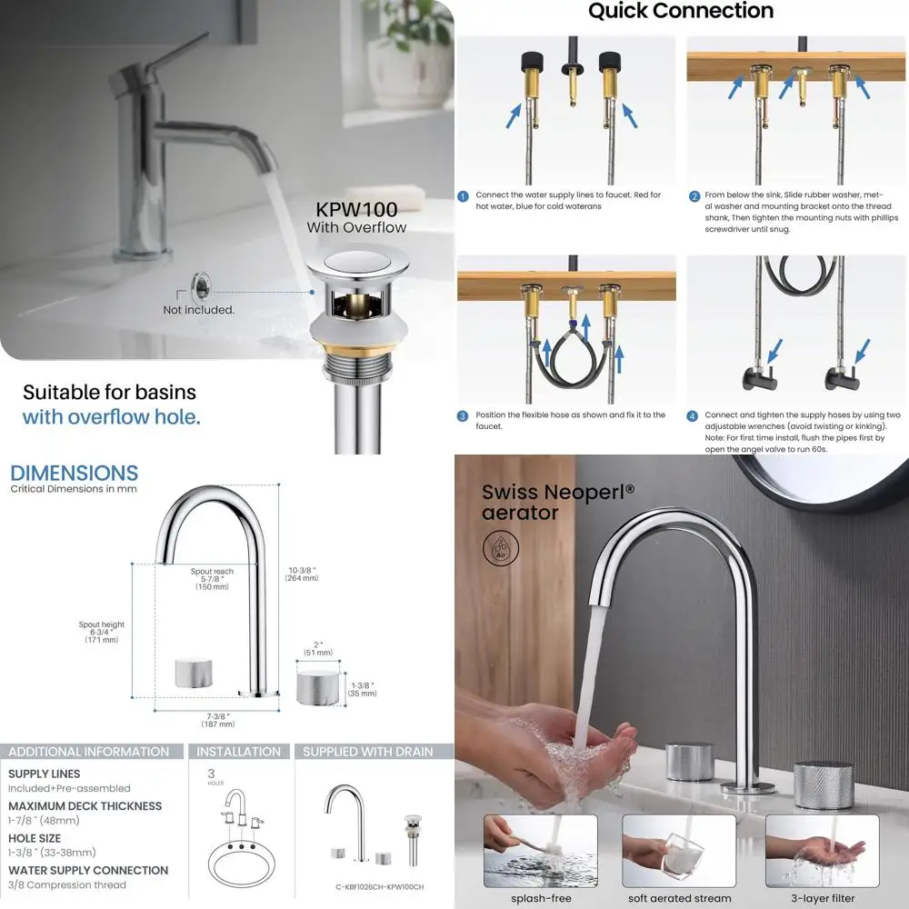 

8-дюймовый широко распространенный смеситель для унитаза со сливом, конструкция из твердой латуни с 3 отверстиями в круглой х хромированной отделке | Коррозионностойкий и см.