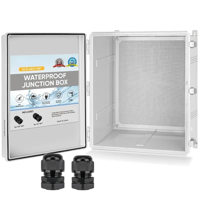 Waterproof Electrical Junction Box with Hinged Cover with Mounting Plate, Wall Brackets, Cable Glands,Off-white