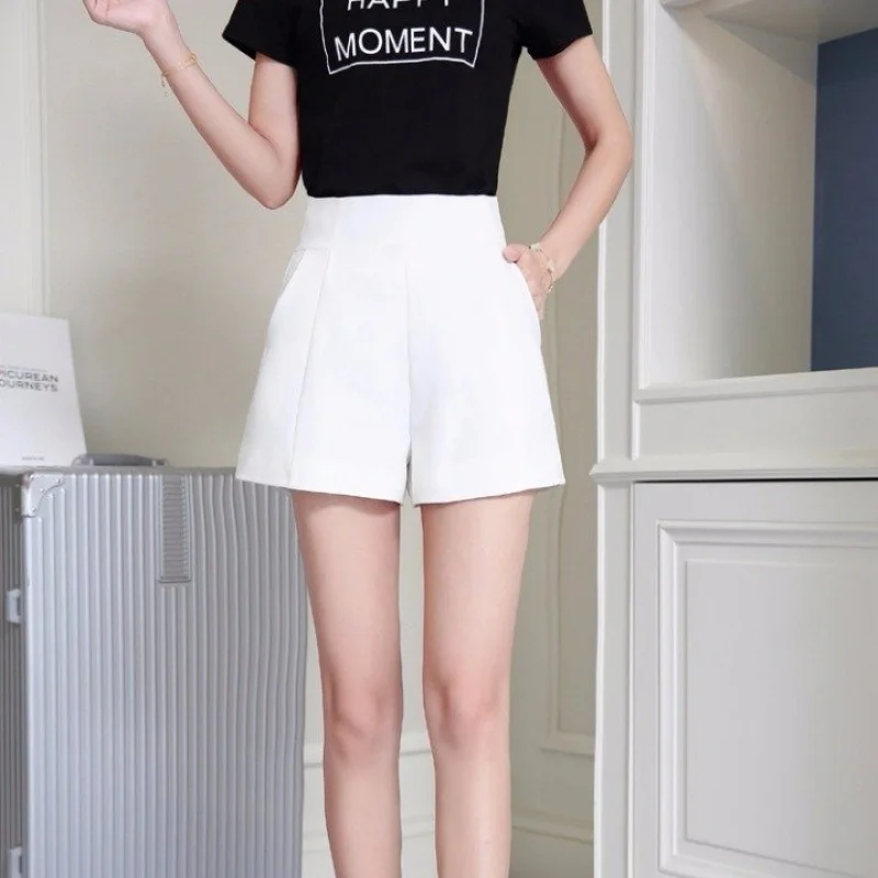 New Women Shorts Spring Summer Casual High Waist A-line Shorts Loose Wide Leg Chiffon Shorts Chic Lady Black White Suit Shorts