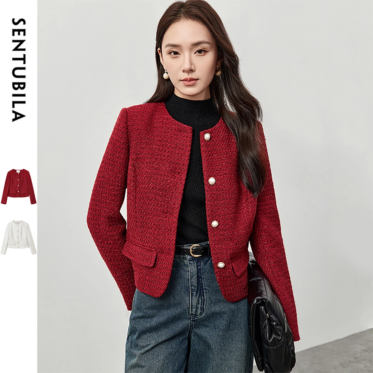 

SENTUBILA Women's Tweed Jackets Spring Winter Long Sleeve Short Coat 2025 Commute O Neck Single Breasted Outerwear 143W58355
