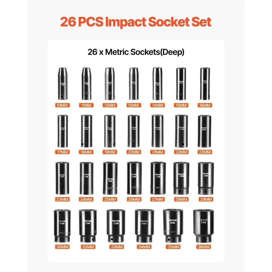 Conjunto de soquete de impacto 1 2 polegadas 26 peças soquetes de impacto soquete profundo 6 pontos soquetes construção robusta crv 1 2 polegadas unidade socke